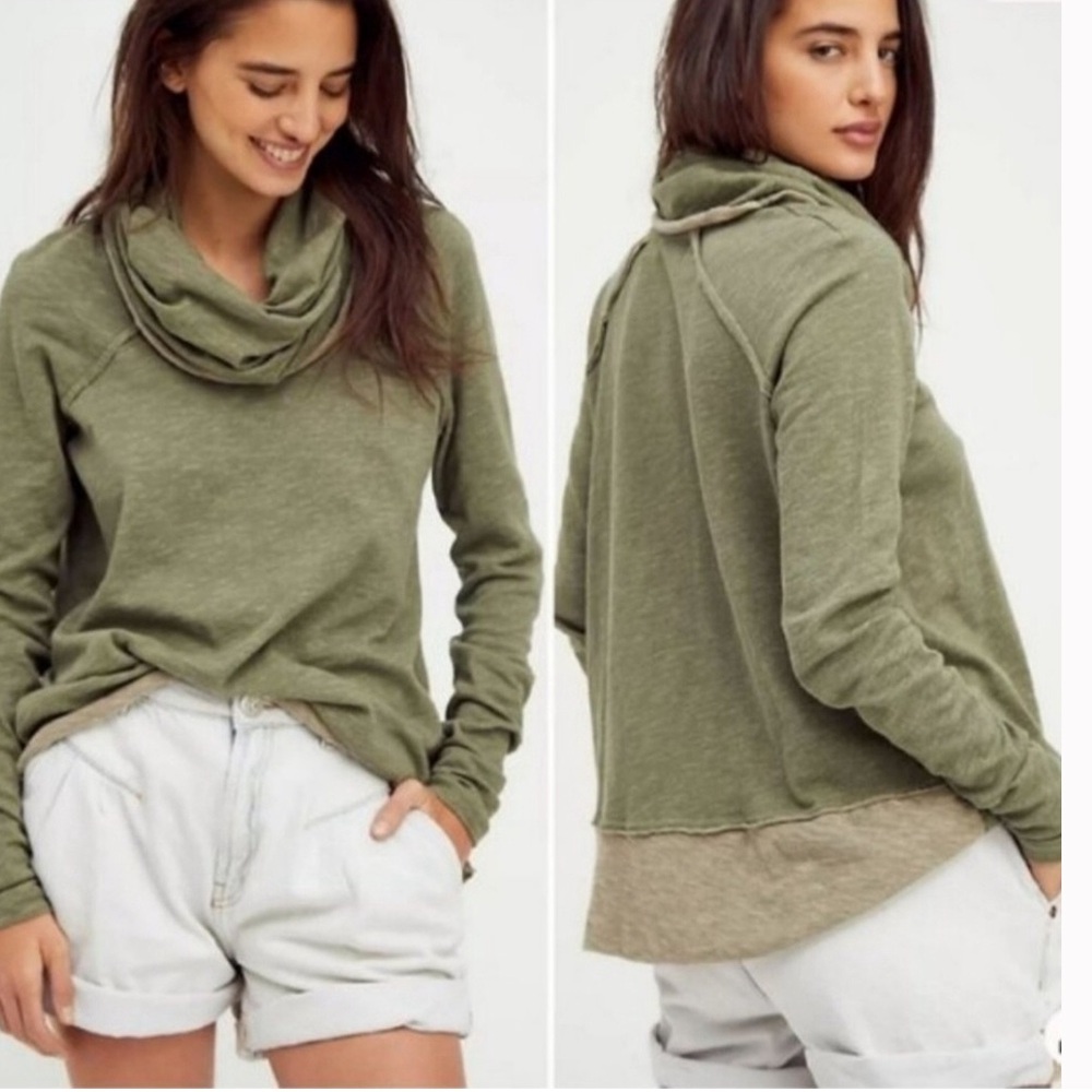 Free People Beach Cocoon Cowl Neck Green Oversized  BohoTurtleneck M/L
